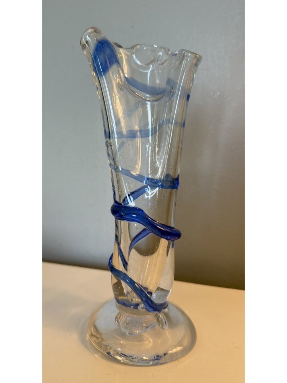 Hand Blown Art Glass Vase Applied Swirl Ruffled Edge Blue